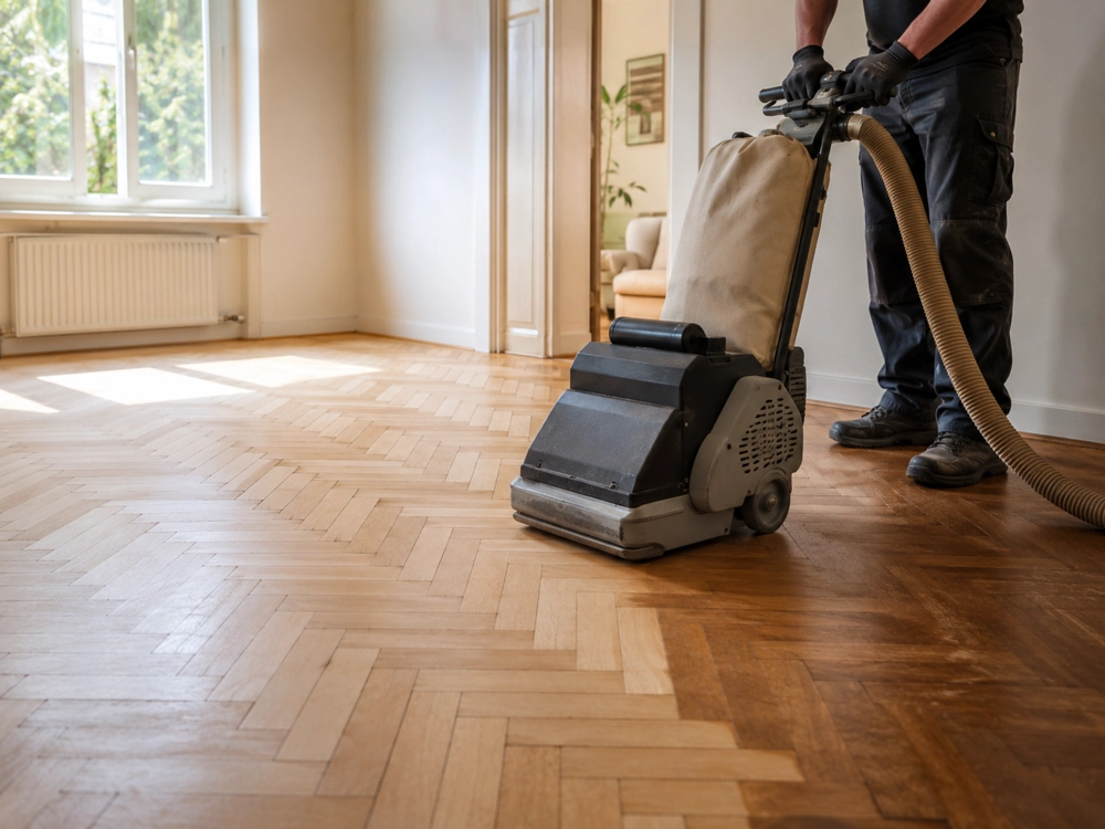 Cyklinowanie parkietu maszyną szlifierską na jasnym, świeżo odnawianym drewnianym podłożu