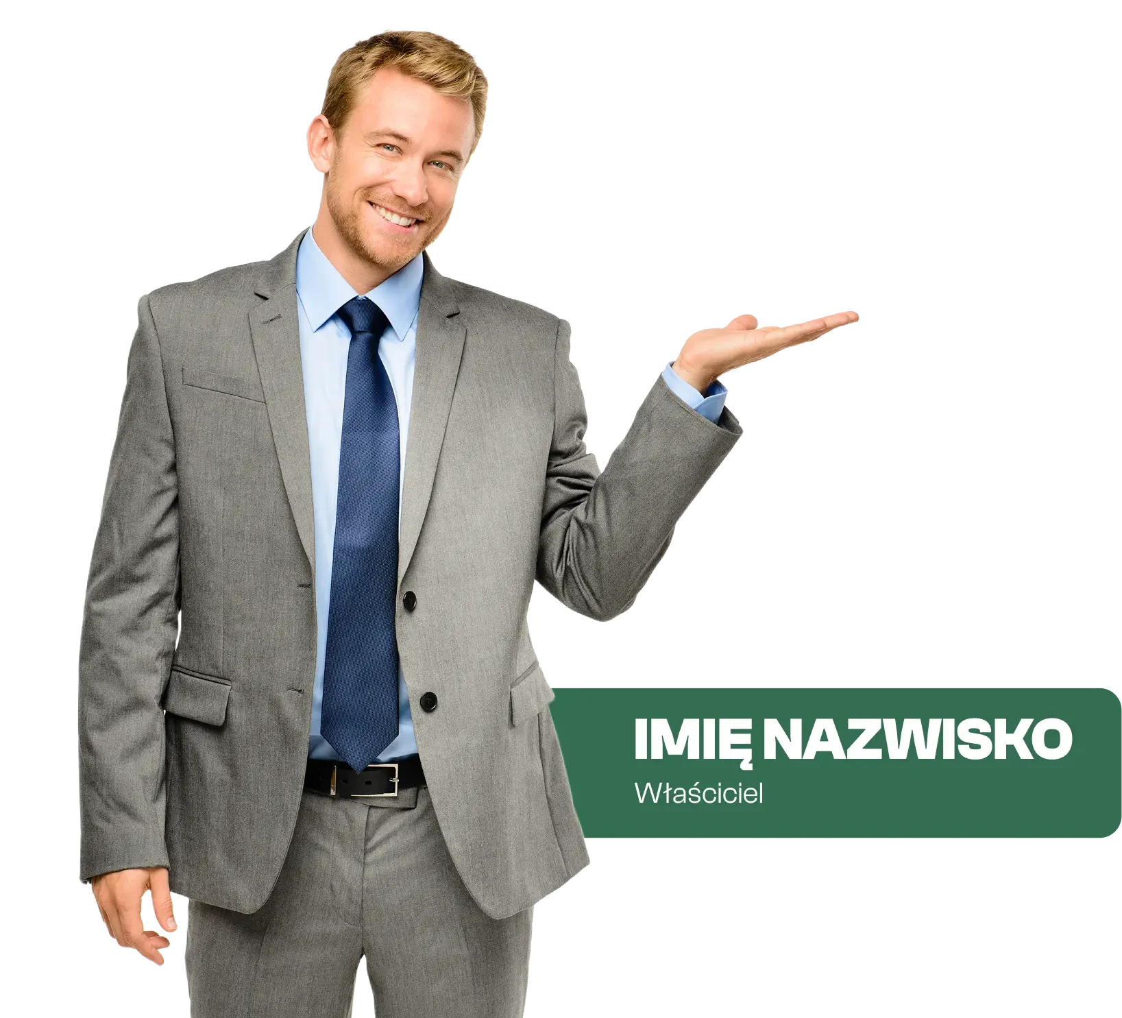 Uśmiechnięty mężczyzna w szarym garniturze prezentujący ofertę firmy